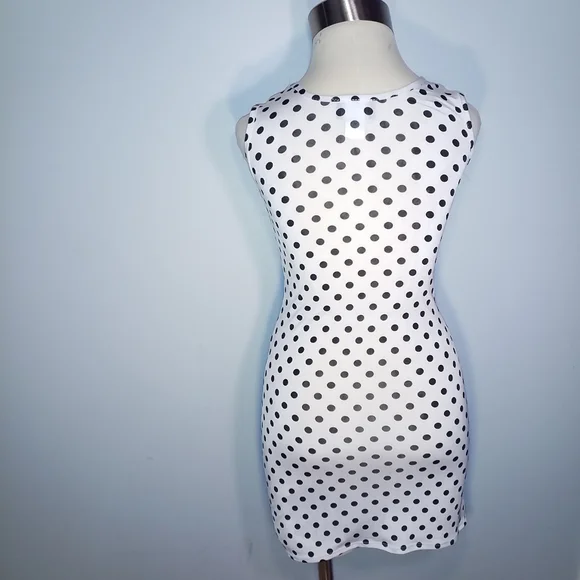 OBJEX DRESS M Sleeveless Bodycon White Black polka dots Short Casual - Picture 3 of 3